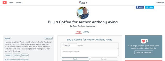Author Anthony Avina Ko-Fi Page January 2018